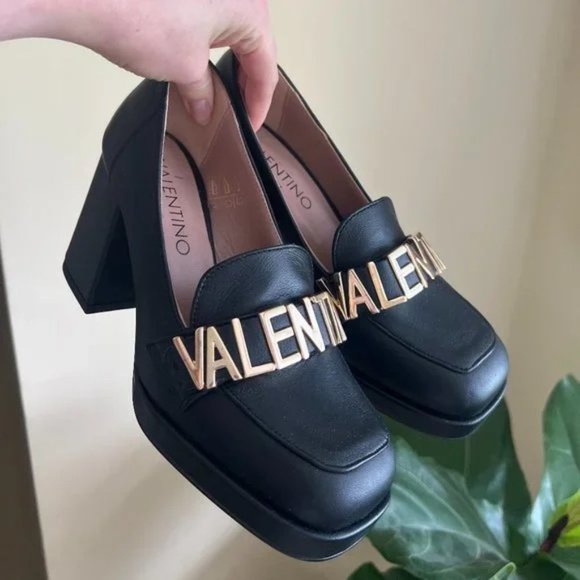 Valentino By Mario Valentino Shoes - SOLD Valentino Emblem Black/Gold Leather Rosalinda Loafer Pump